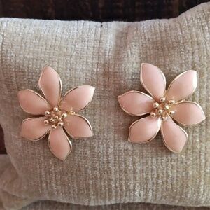 Gold Tone Salmon Enamel Flower Post Earrings